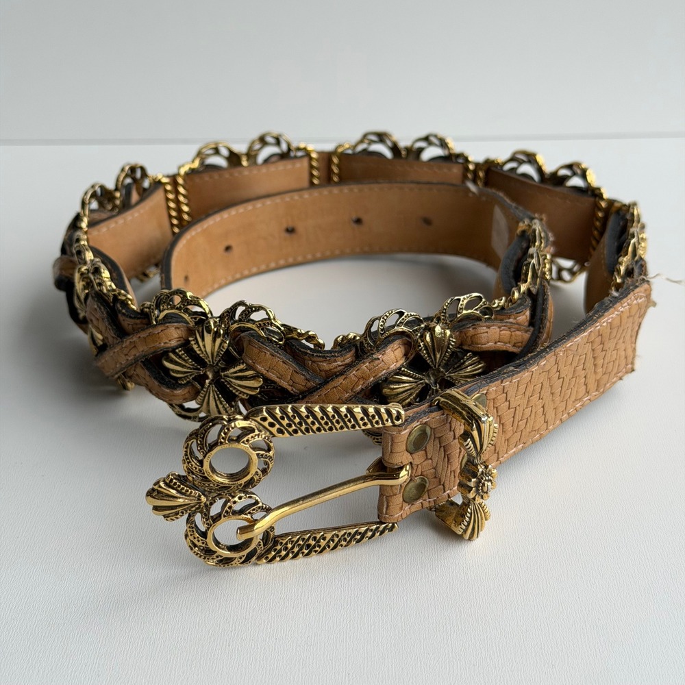 Vintage Leatherock Leather Belt Women M/L Ornate Filigree Tan Gold Boho Western